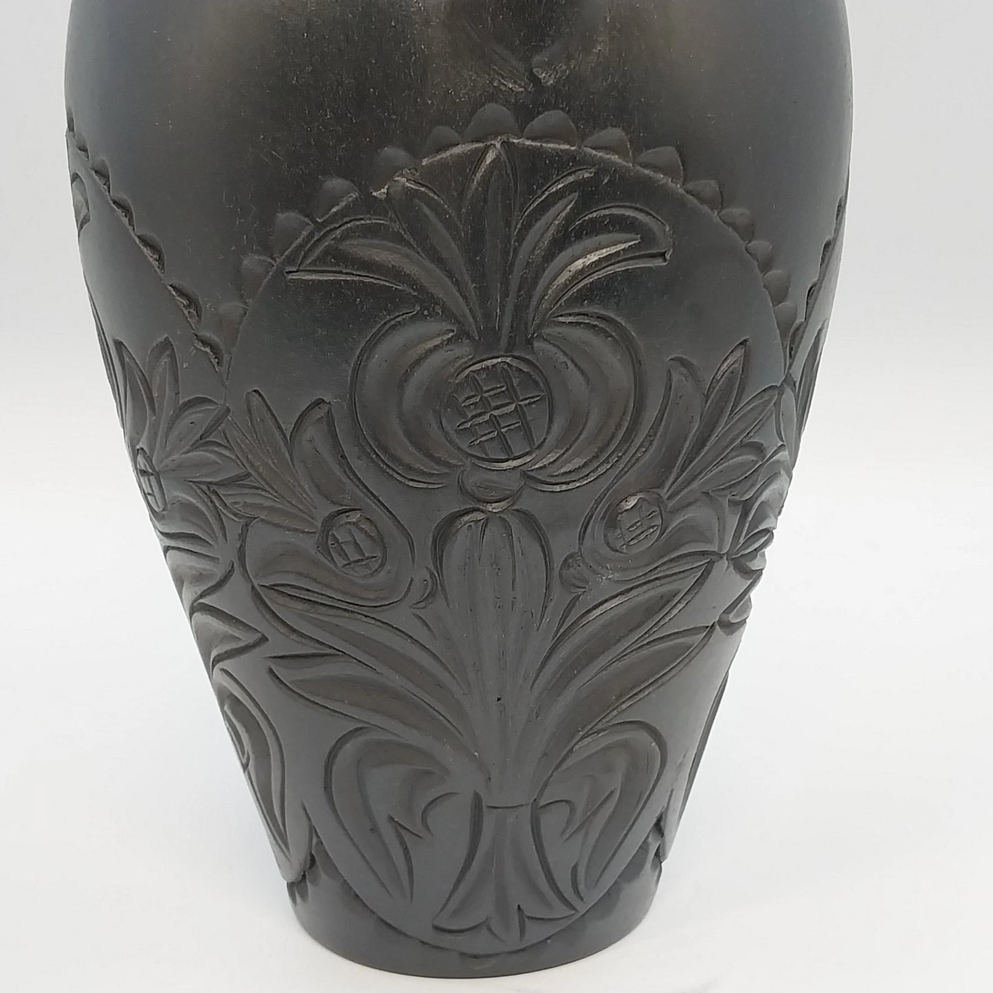 Black Pottery Vase Incised Floral Double Handle Amphora Urn 14" Unmarked