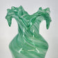 Green Art Glass Vase White Swirl Ruffled Scalloped Top Edge Hand Blown 9" Tall