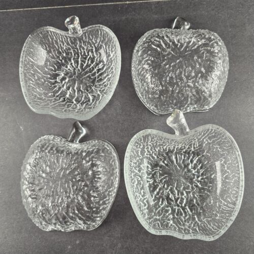 4 Apple Shaped Salad Bowls Clear Italian Pressed Glass Tree Bark Textured Vtg