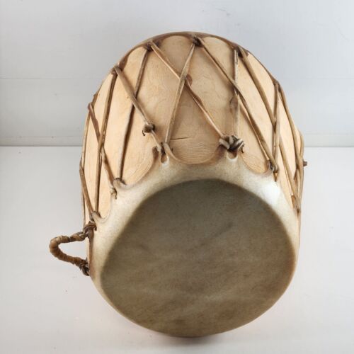 Native American Log Wood Drum & Beater Stretched Raw Hide Skin No Tree Bark Vtg