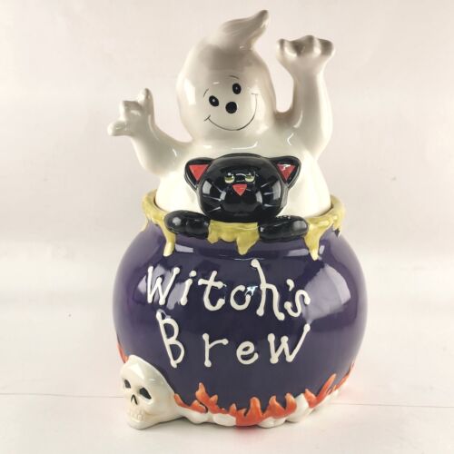 Halloween Witch's Brew Cookie Jar Ceramic Ghost Skull Black Cat David's Cookies