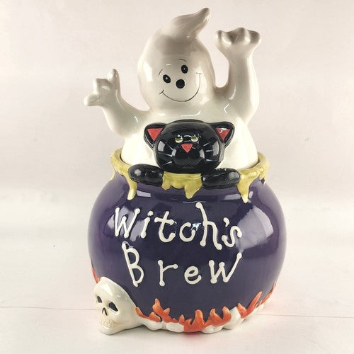 Witch's Brew Halloween Cookie Jar David's Cookies Ceramic Ghost Skull Black Cat