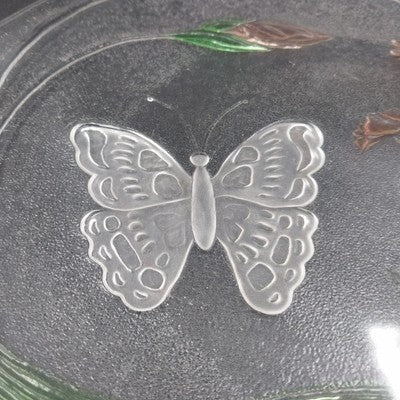 LE Smith 12.5" Clear Frosted Glass Plate Painted Iris & Butterfly Design Vtg