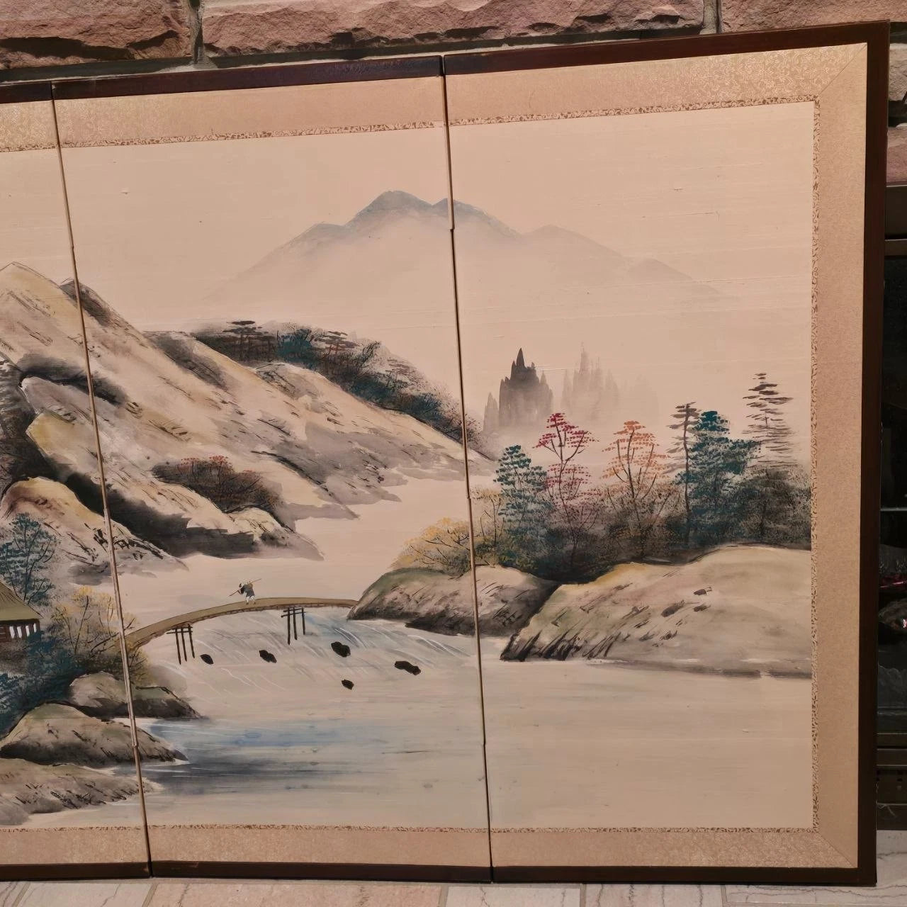 Toyo Japan Byobu 4 Panel Sansuiga Landscape Brass Trim Wall Screen 66x36 Hangers
