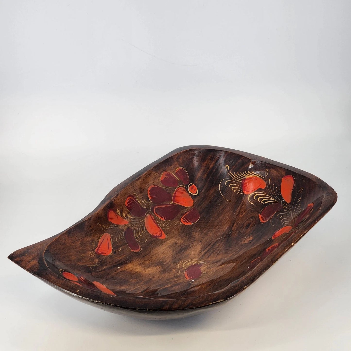 Hand Carved Wood Bowl Floral Lacquered 16" Large Organic Centerpiece 1980's Vtg