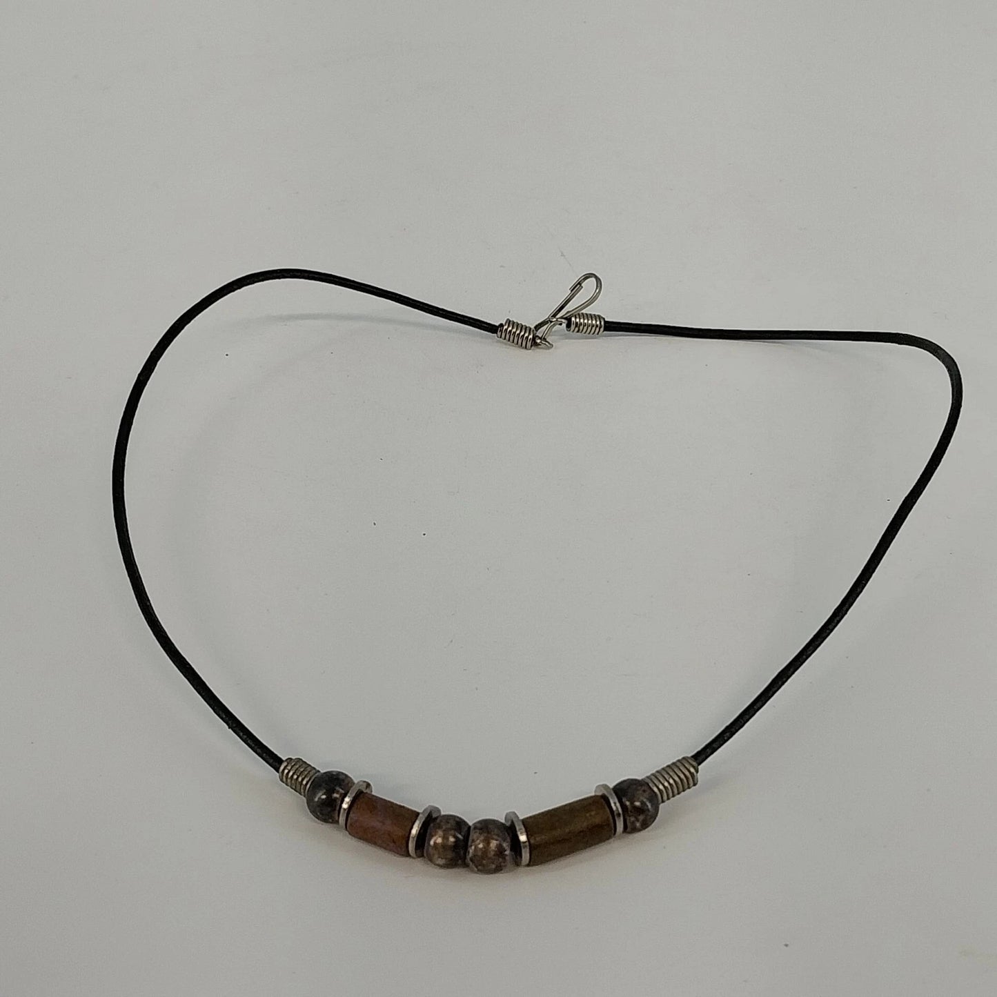 Liska Bali Black Leather Cord Necklace Wood Metal Beads Hook Clasp 17" Bohemian