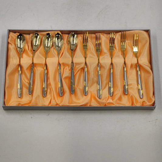 Kum Kang Demitasse Spoon & Fork Set 10 Pcs Gold Tone 18/10 Stainless Steel Boxed