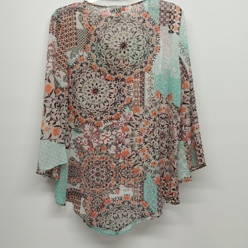 Live & Let Live Floral Geometric Tunic Sheer Blouse Pointed Bottom Size Large