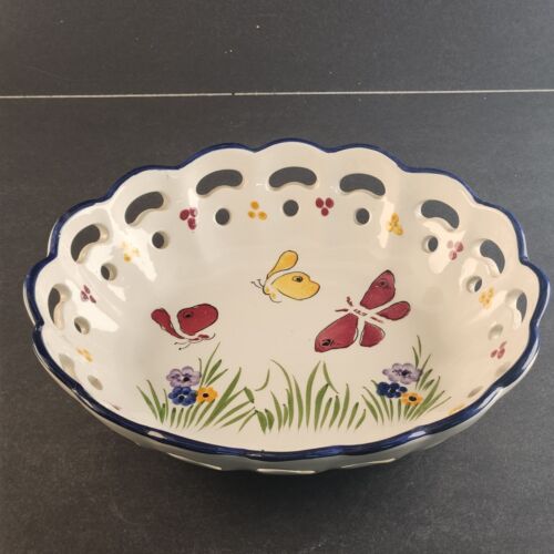 RCCL Lace Pierced Bowl Portugal Pottery Ceramic Hand Painted Flowers Butterflies