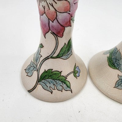 Ceramic Candlestick Holders 4"x 8" Hand Painted Pink Blue Floral Chinese Style