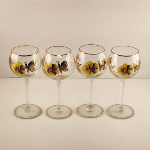 Romanian Wine Decanter Lid & 4 Stemmed Glasses Hand Painted Pansies Butterflies