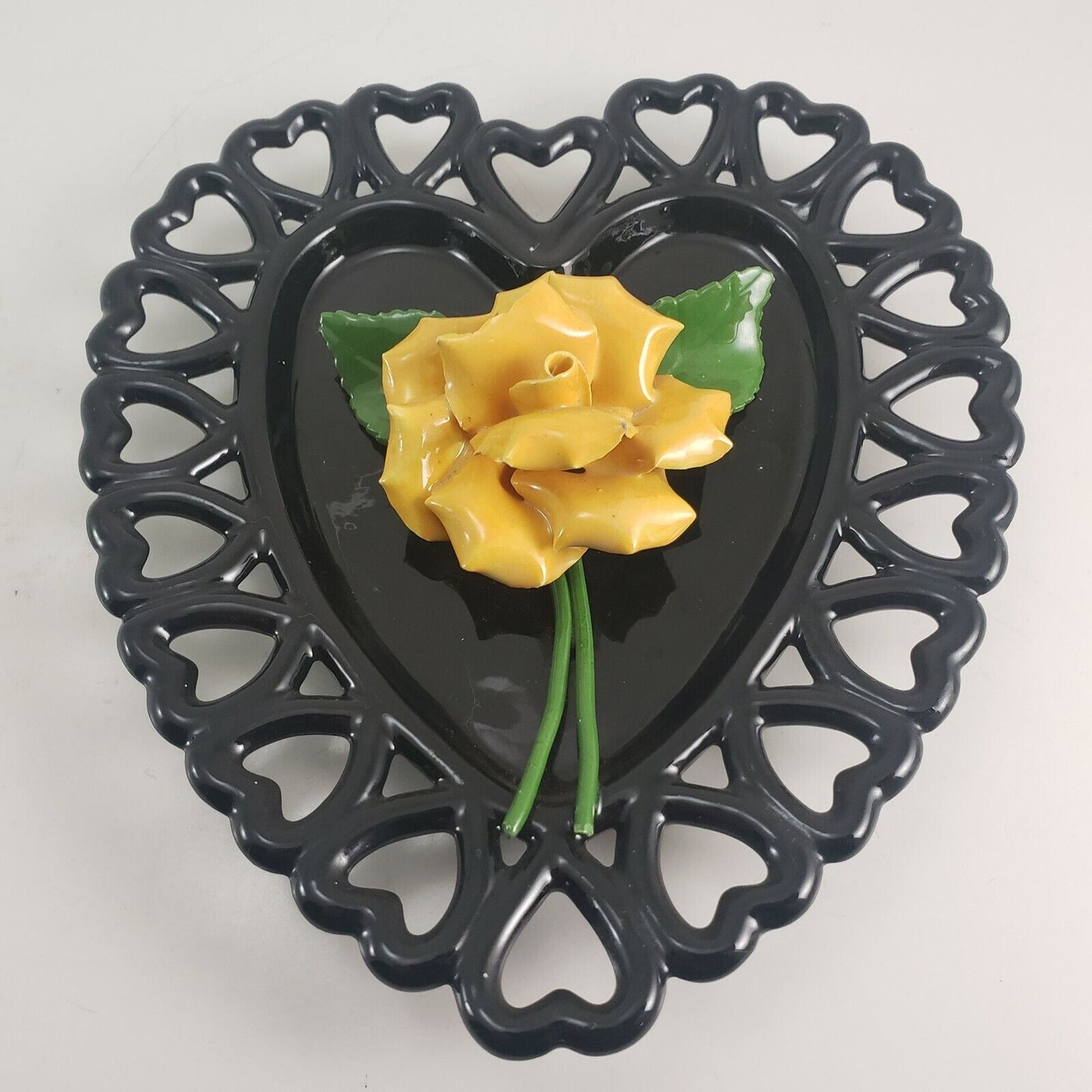 Westmoreland Black Glass Open Lace Heart with Glass Yellow Rose Decor 6¾" x 7¼"