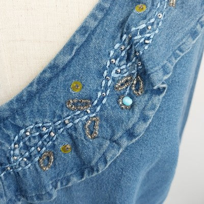 Tantrums Boho Embroidered Denim Shirt Bell Sleeves Pullover L 100% Cotton India