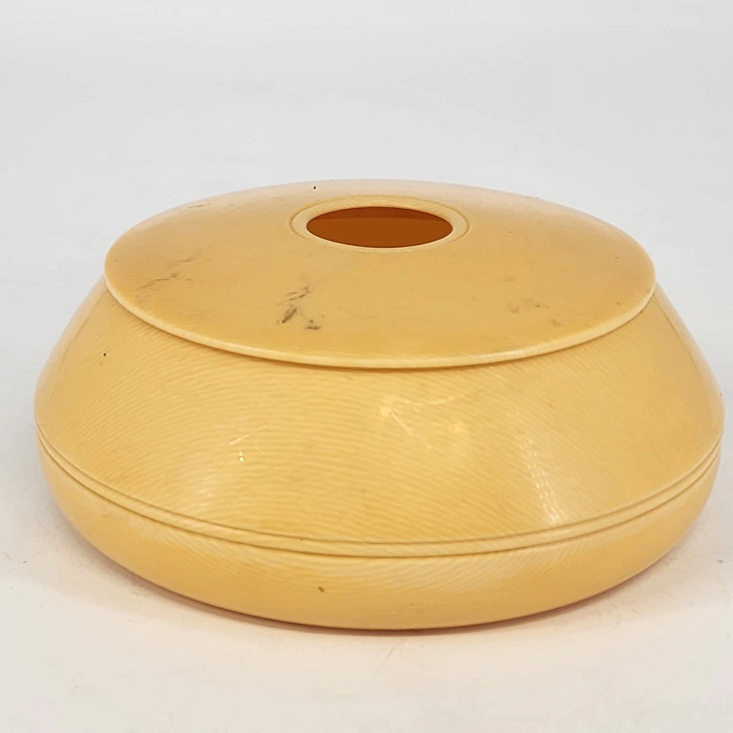 Vintage Bakelite Hair Receiver Yellow Vanity Box 5in Round Lid