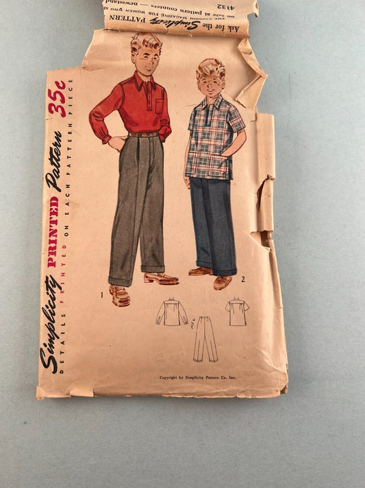 Simplicity 4132 Vintage Sewing Pattern 1940's Boys 2 Button Shirt and Slacks 6