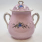 Pink Porcelain Biscuit Cookie Jar Bowl Covered Butterfly Birds Transfer Vintage