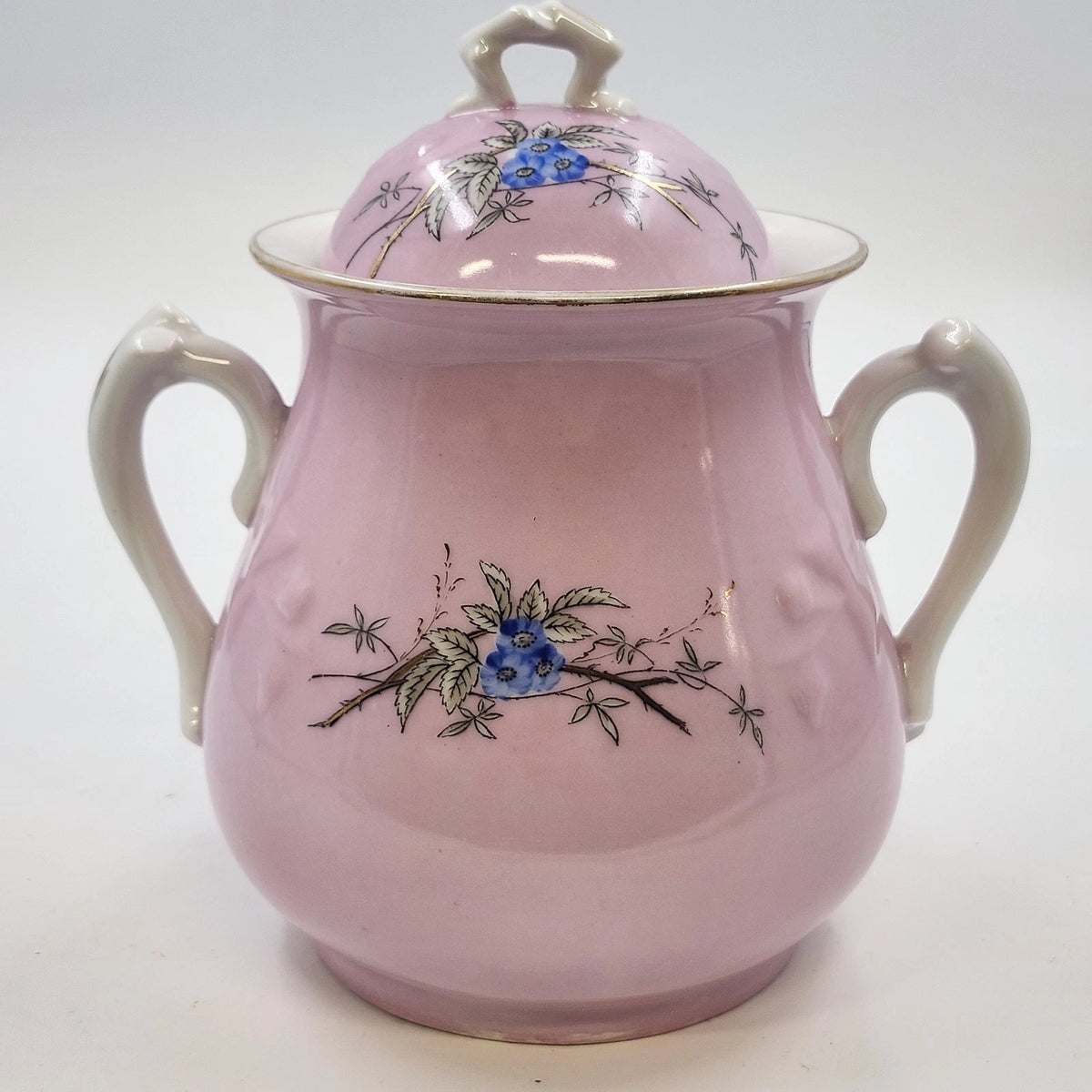 Pink Porcelain Biscuit Cookie Jar Bowl Covered Butterfly Birds Transfer Vintage