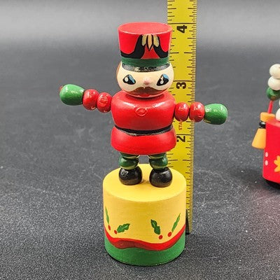 Set of 2 Vintage Wood Push Puppet Toys – Soldier & Snowman Ornaments 4"