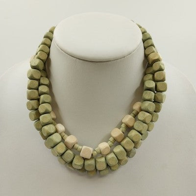 Plunder Chunky Wood Beaded Layered Women's Necklace 3 Strands Neutral Tones 9"