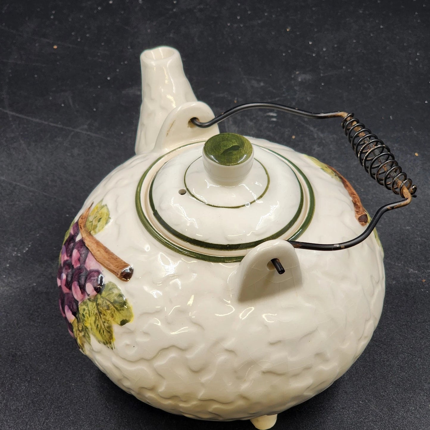Embassy White Ceramic Teapot 36 Oz Footed with Grapevine Metal Handle 1963 Vtg