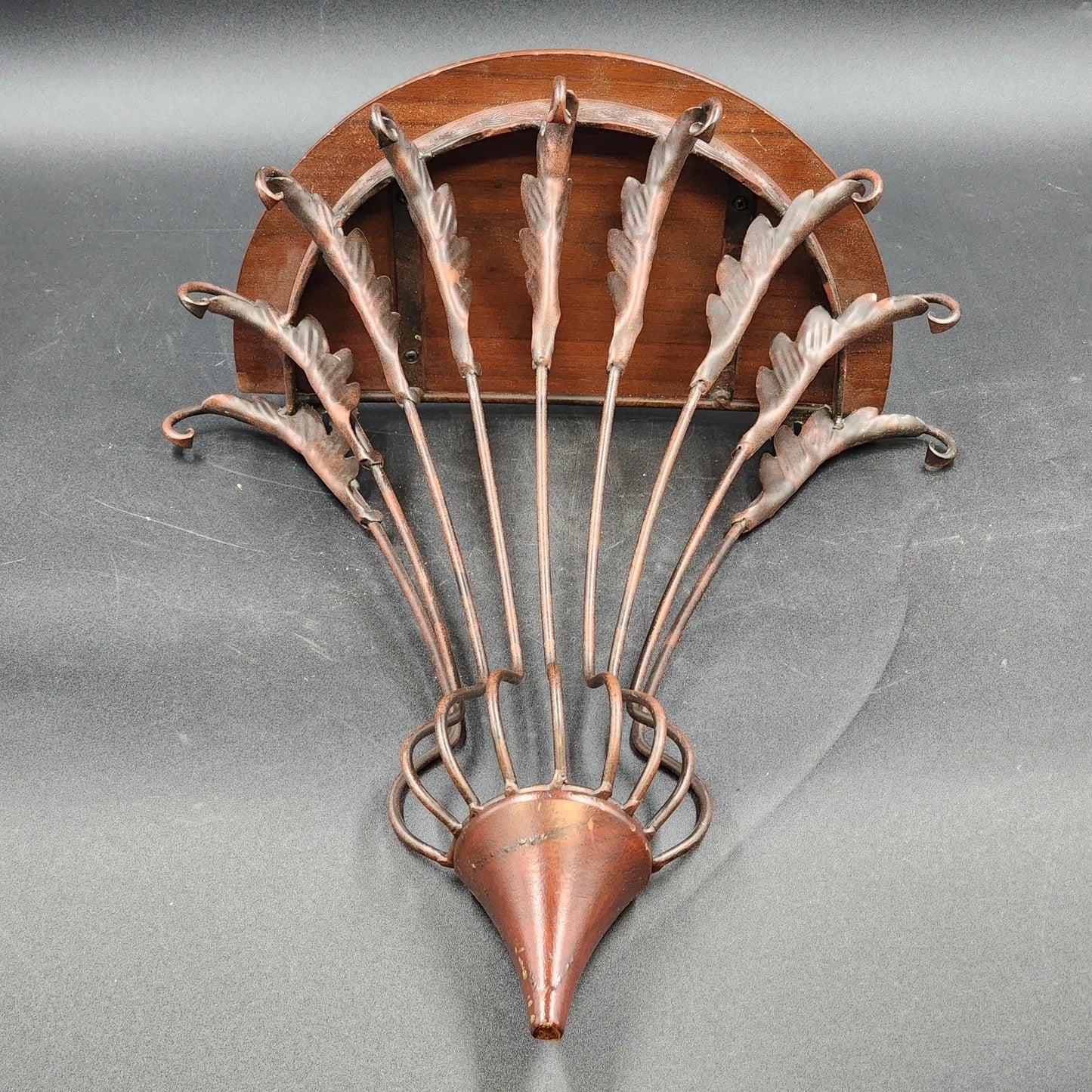 Half-Round Floating Wall Shelf Dark Wood Top Ornamental Metal Support 16.5"