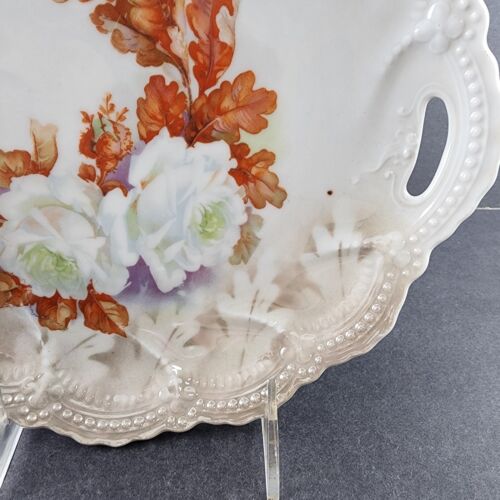 Leuchtenburg Decorative Porcelain Plate Scalloped Handles Ornate Rim White Roses