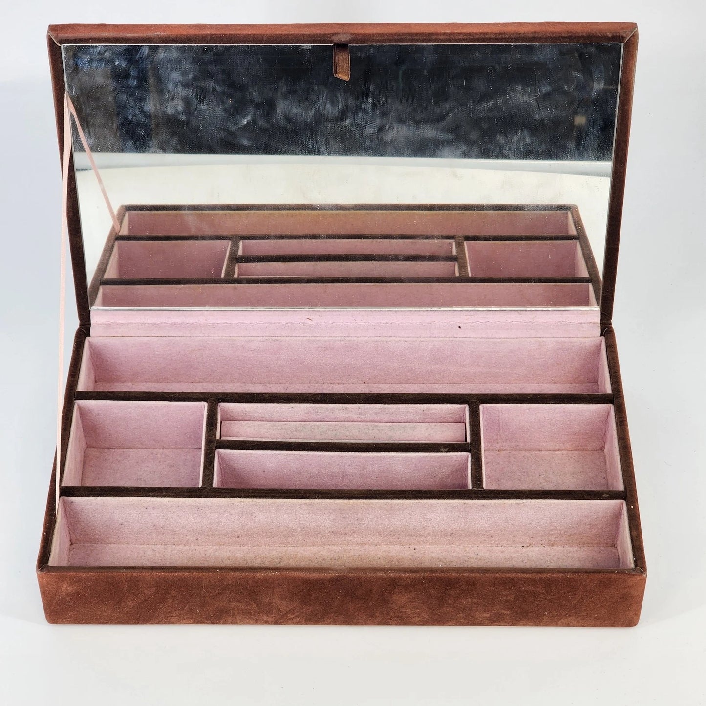 Floral Embroidered Jewelry Box Mirror Brown Fabric Case Floral Pink Felt Lining