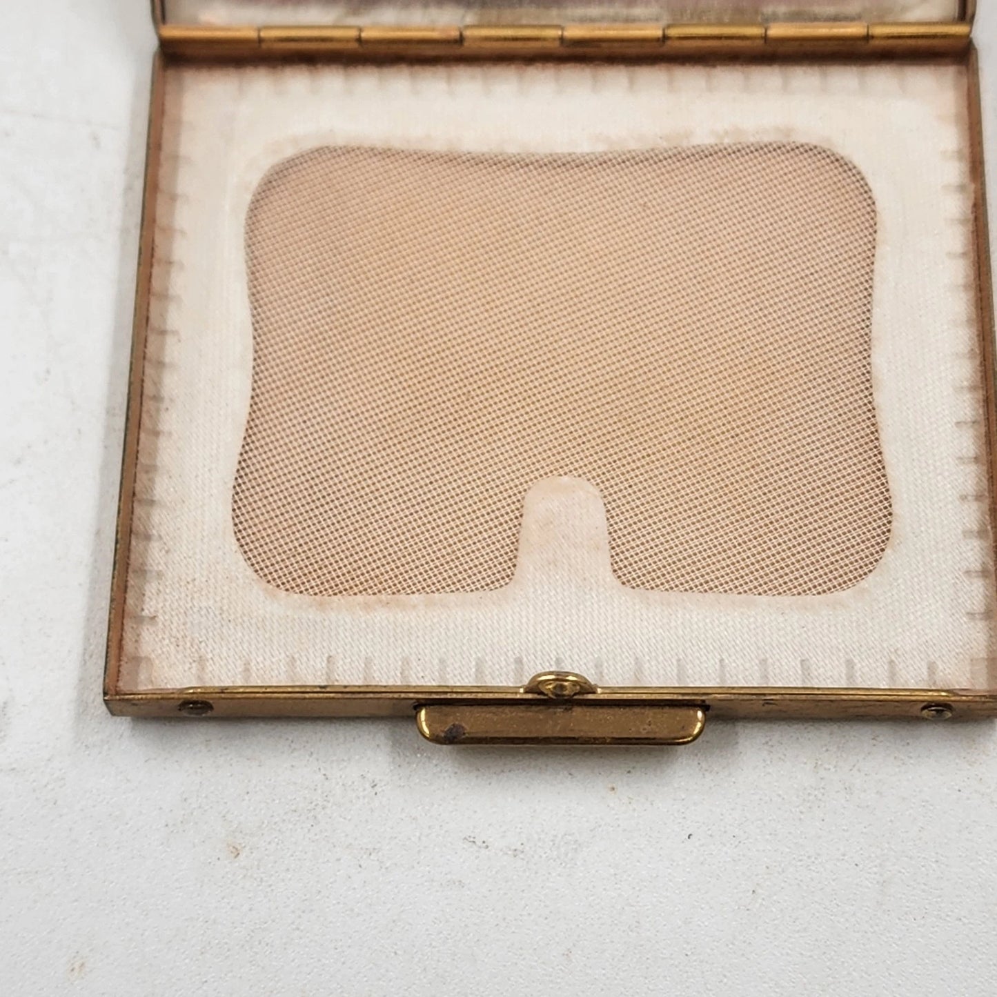 Make-Up Compact Carved Wooden Top Brass Powder Case Mirror Floral 1960's MCM