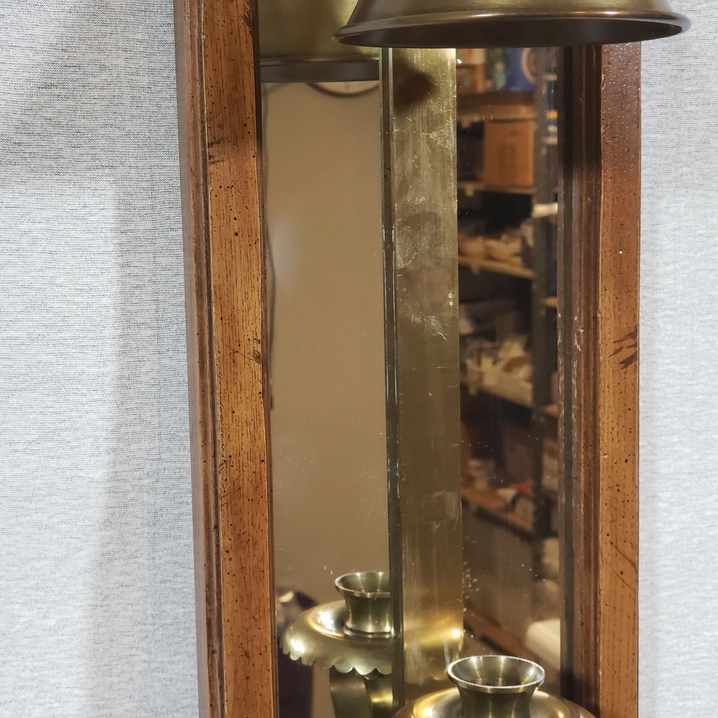 Knob Creek Solid Brass Wood Mirror Candle Wall Sconce MCM Rustic Farmhouse 23"