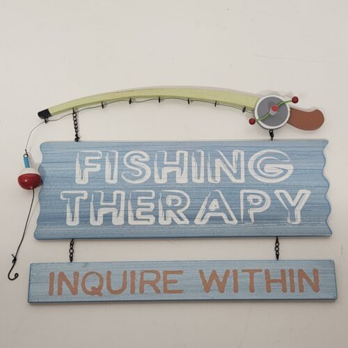 Fishing Therapy Inquire Within Wood and Chain Art Sign Bobber & Spinners 13"x10"