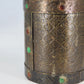 Hammered Brass Over Wood Cylinder Container Medieval Design 8.5"d x 10.25"h