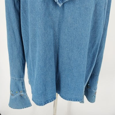 Tantrums Boho Embroidered Denim Shirt Bell Sleeves Pullover L 100% Cotton India