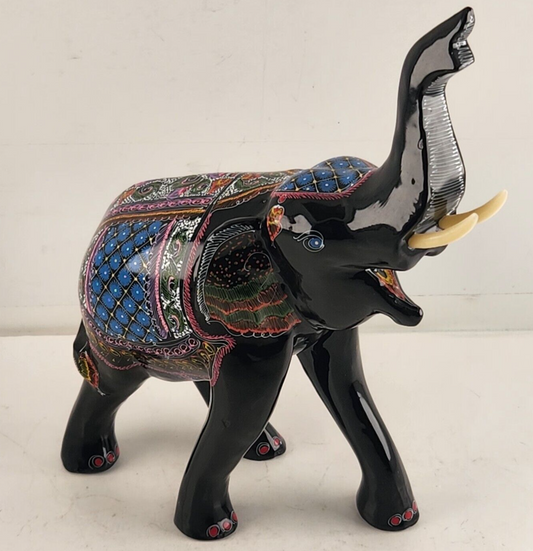 Trunk Up Elephant Black Lacquer Painted Hand Carved Wood Vintage Thailand 9"h