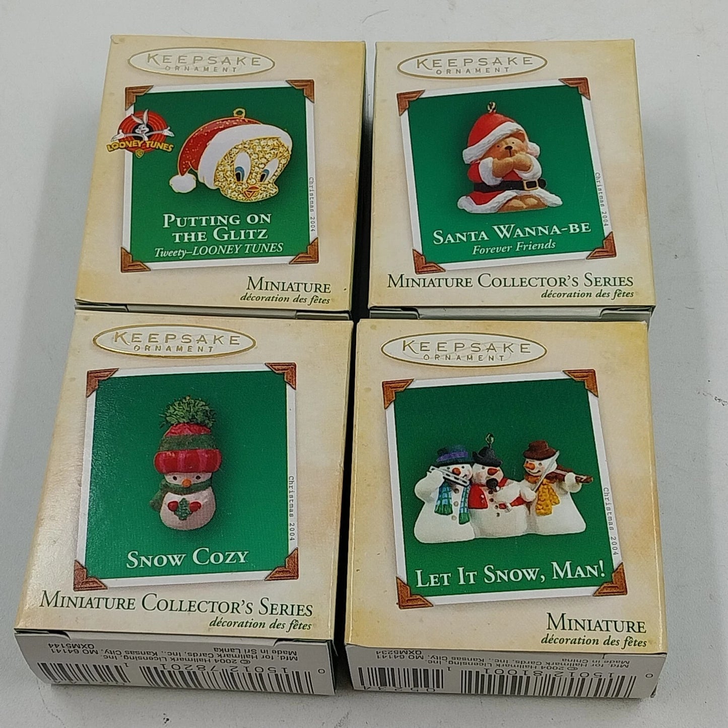 4 Hallmark Miniature Keepsake Ornaments Snowman Santa Claus Tweety 2000s Set Vtg
