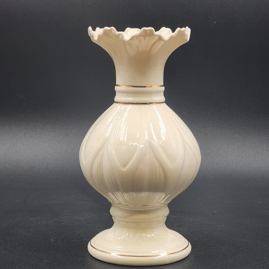 Belleek Lotus Blossom White Porcelain Vase w/ Gold Trim Fine Parian China 8.25"