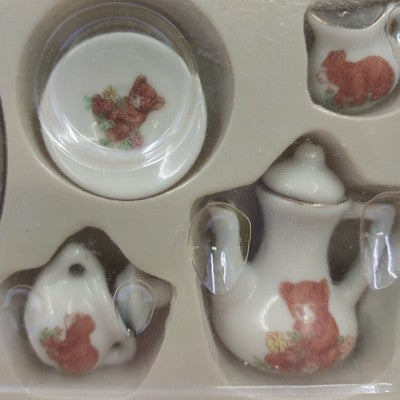 10pc Mini Tea Set Porcelain Floral Bears Collectible w/ Box 4"
