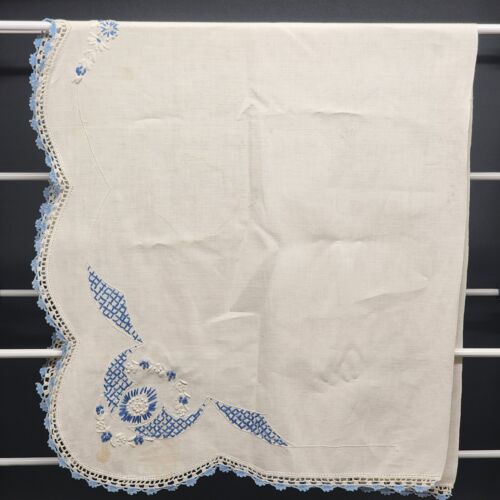 White Blue Hand Embroidered Linen Table Runner Vintage Minor Stain Pictured 40"