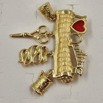Danecraft Gold Tone I Love Quilting Decorative Brooch Pin Scissor Needle Thread