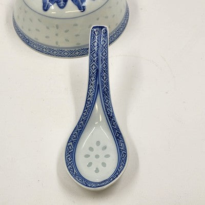 Blue White Chinese Porcelain Bowl & Spoon Set Rice Grain Motif