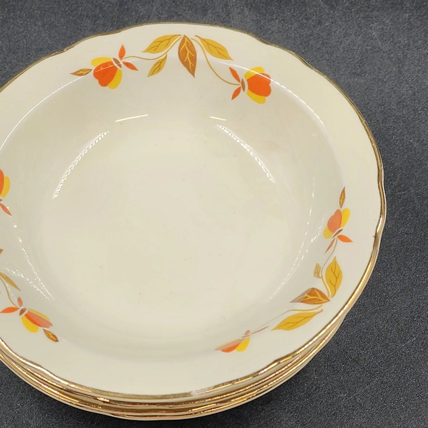 4 Autumn Leaf Rimmed Fruit Dessert Bowls 5.25" Hall's Superior for Jewel Tea MCM