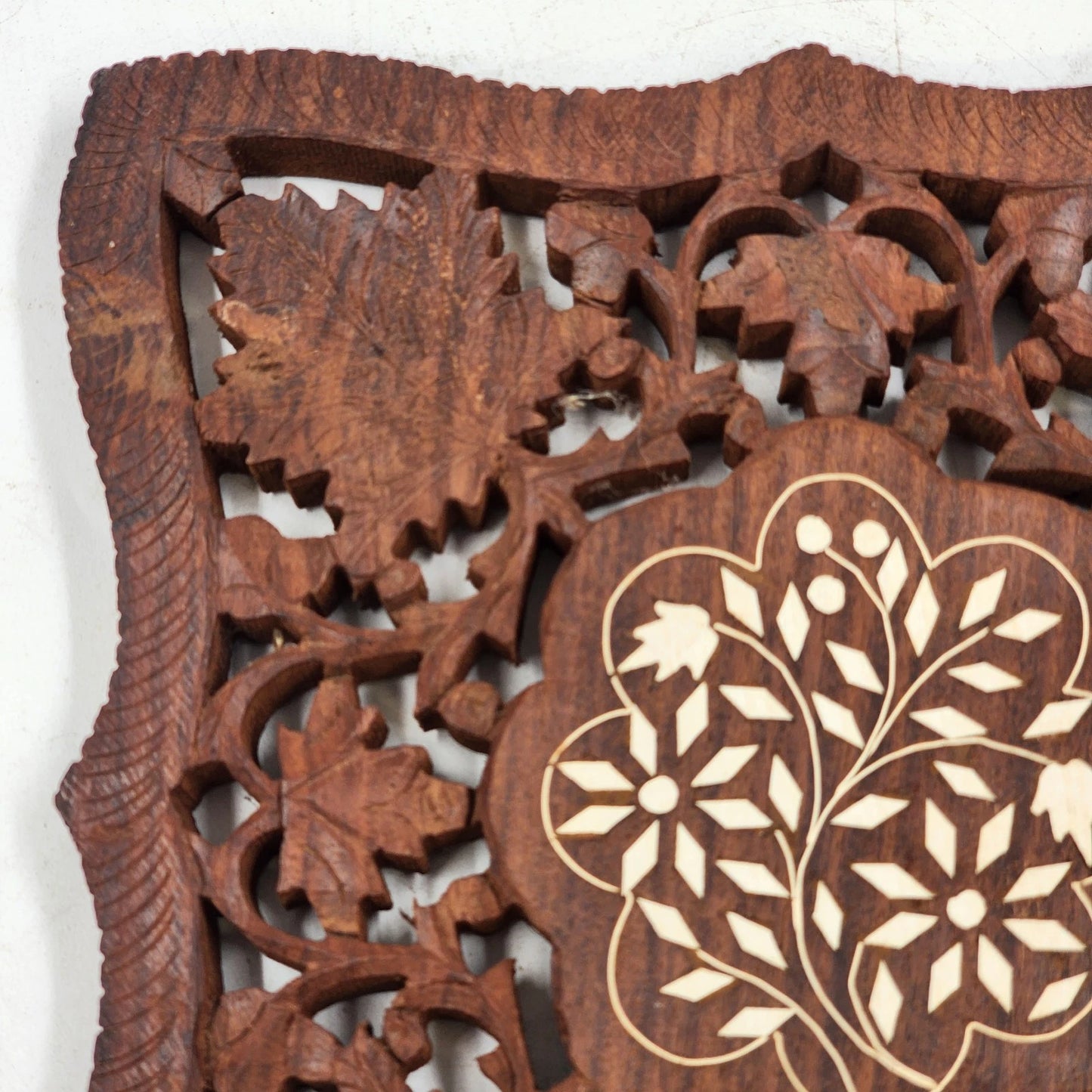 2 Hand Carved Wood Trivets 8" Gold Inlay Floral Leaf Design Scrolled Sides India