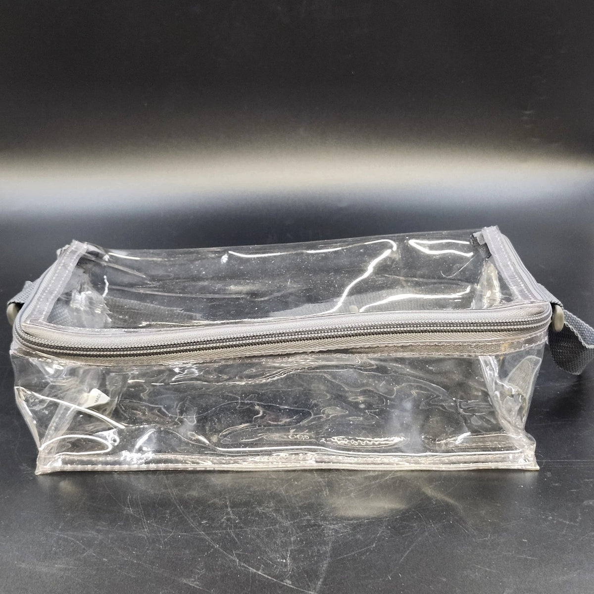 Get Organized Clear Vinyl Cosmetic Travel Organizer Bag Gray Strap 10" Zip Top