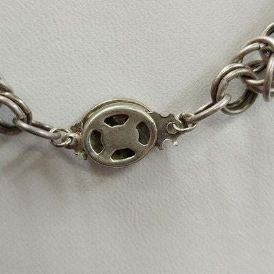 Millefiori Floral Murine Glass Bead Necklace Bronze Tone Byzantine Silver Chain