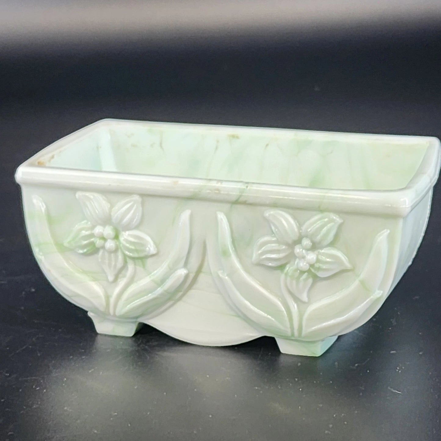 Akro Agate Slag Glass Planter Green White Marble Daffodil Floral Dish 1940's Vtg