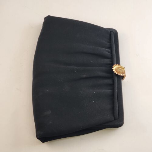 After Five Brand Black Evening Clutch Purse w Gold Rhinestone Clasp Chain Handle