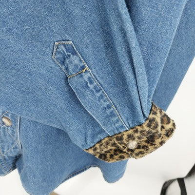 Solutions Blue Denim Shirt L Leopard Print Collar Cuffs Button Up 100% Cotton