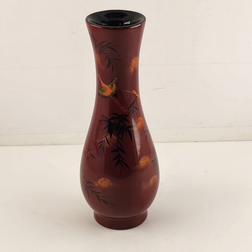 Bud Vase Maroon Red Overlay Gold Geese Black Trees Asian Sun Vintage Vietnam