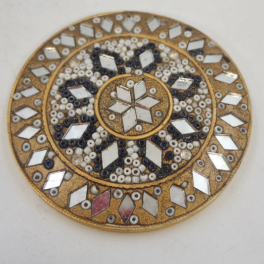 Gold tone round pocket mirror with beaded mosaic star design
