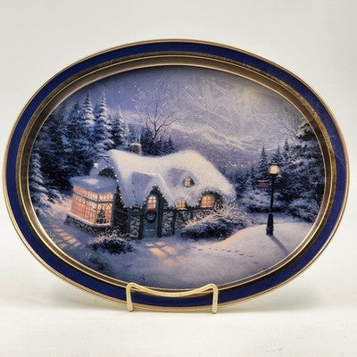 Thomas Kinkade Christmas Winter Cozy Cottage Scene Oval Tin Tray 14.5x11.5" 1997
