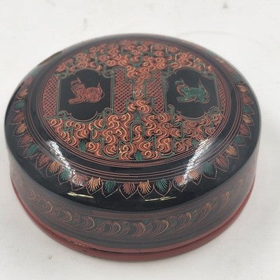 Vintage Lacquerware Coaster Set – 6 Matching Ceramic Foo Dog Coasters in Black, Red & Gold with Storage Box – Asian Guardian Lion Motif